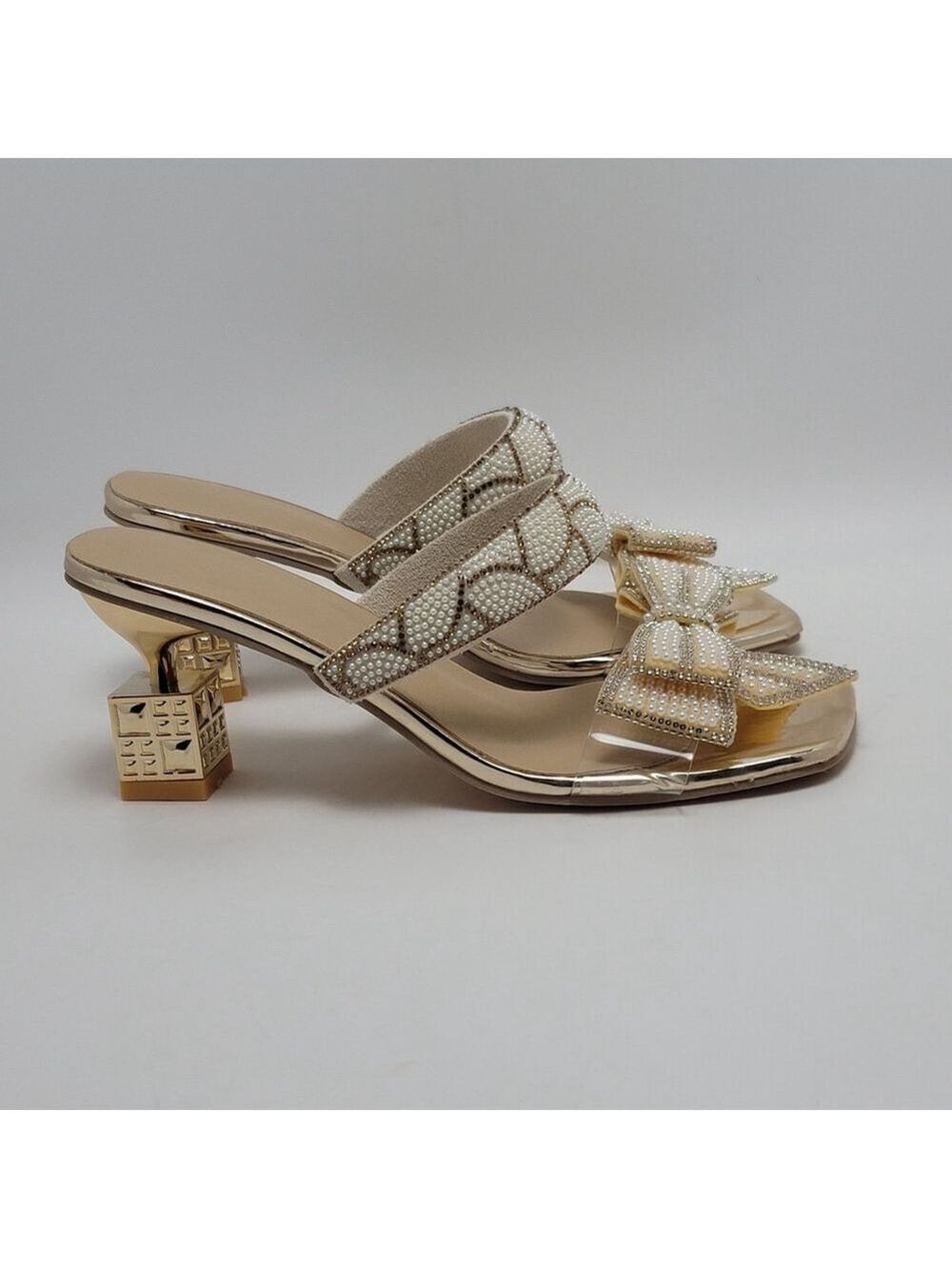 Beaded Rhinestone Bow Knot Kitten Heels Slide Mules Sandal Gold Size EU 40, US 9